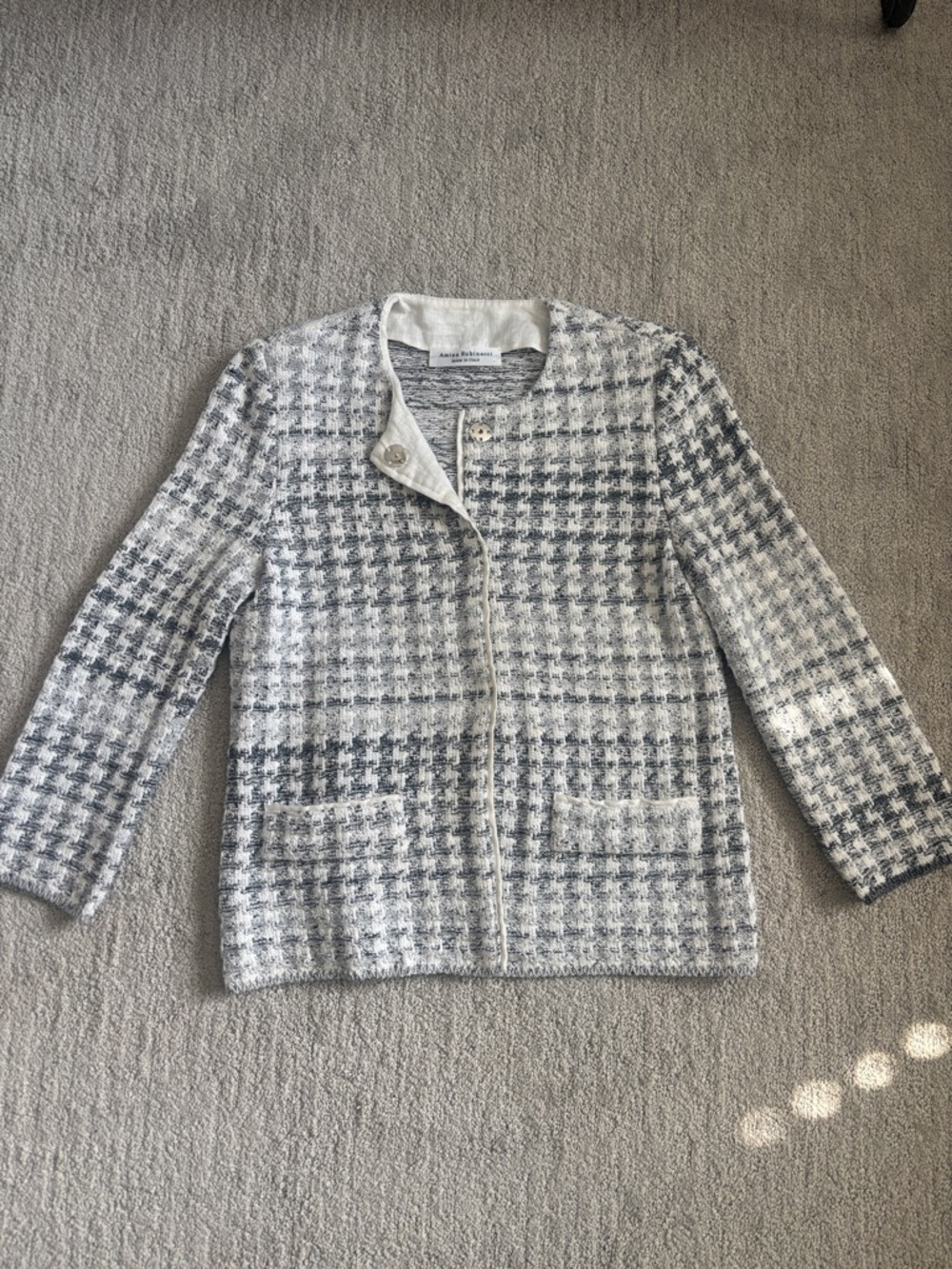 Textured Gray & White Tweed Blazer- Women’s Collarless Sweater